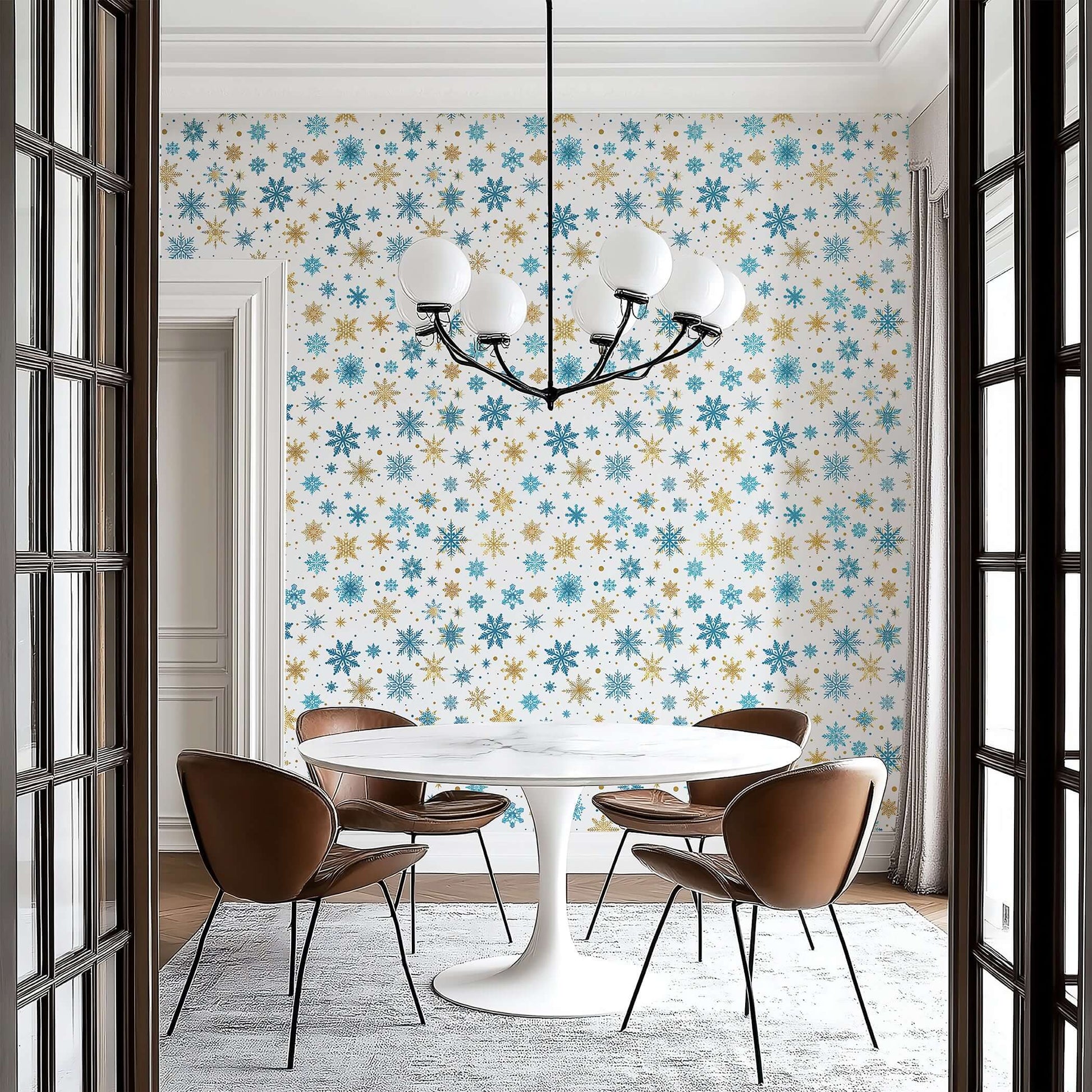 Mid-century modern dining room with "Golden Snowfall" wallpaper featuring gold and blue snowflakes, enhancing holiday decor.