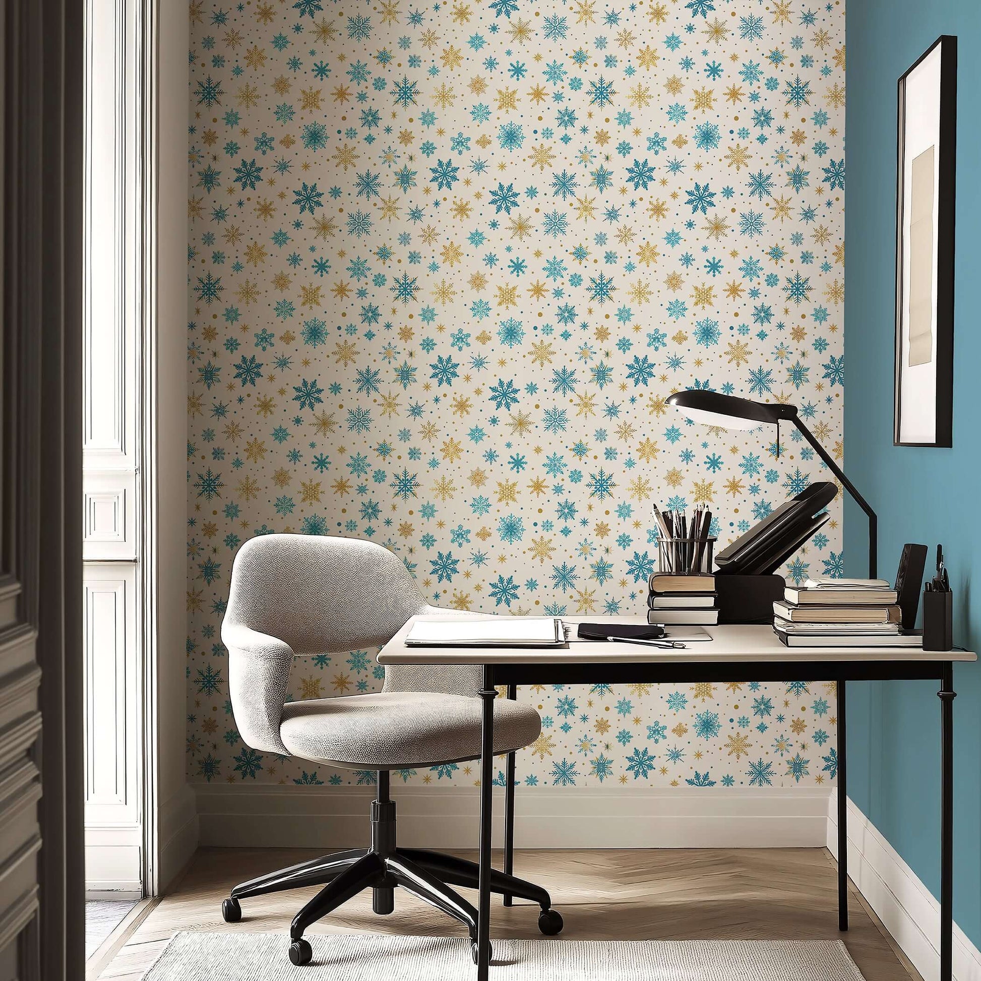 Golden Snowfall wallpaper with gold and blue snowflakes creating a mid-century modern look in a home office setting.
