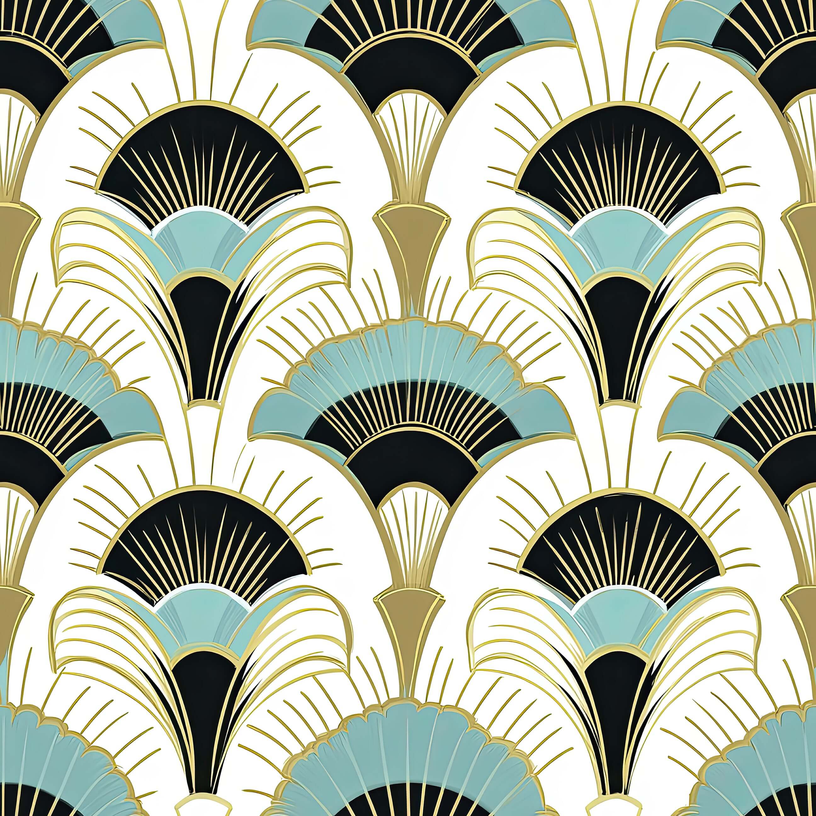 Art Deco wallpaper with glamorous fan motifs in teal, black, and gold; perfect for elegant accent walls. Luxe Deco Fans by Wall Artifacts.