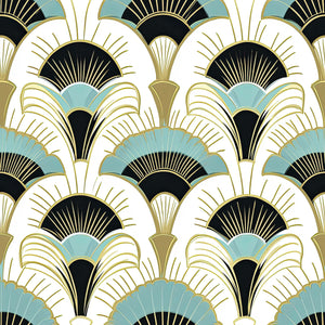 Art Deco wallpaper with glamorous fan motifs in teal, black, and gold; perfect for elegant accent walls. Luxe Deco Fans by Wall Artifacts.