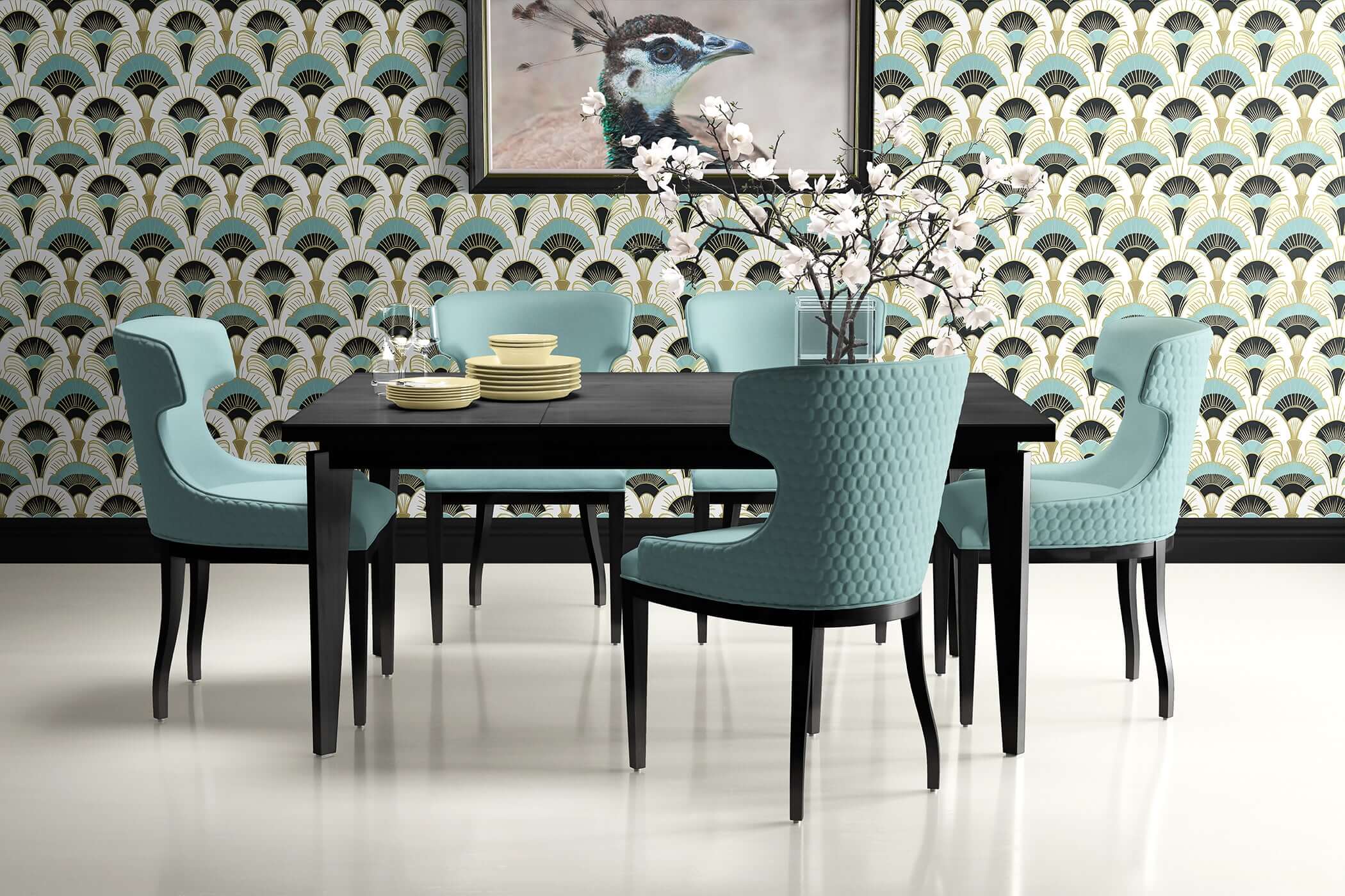 Dining room with Luxe Deco Fans art deco wallpaper, featuring teal chairs and black table setting, creating a vintage and elegant atmosphere.