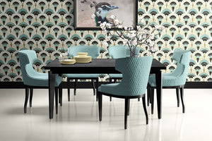 Dining room with Luxe Deco Fans art deco wallpaper, featuring teal chairs and black table setting, creating a vintage and elegant atmosphere.