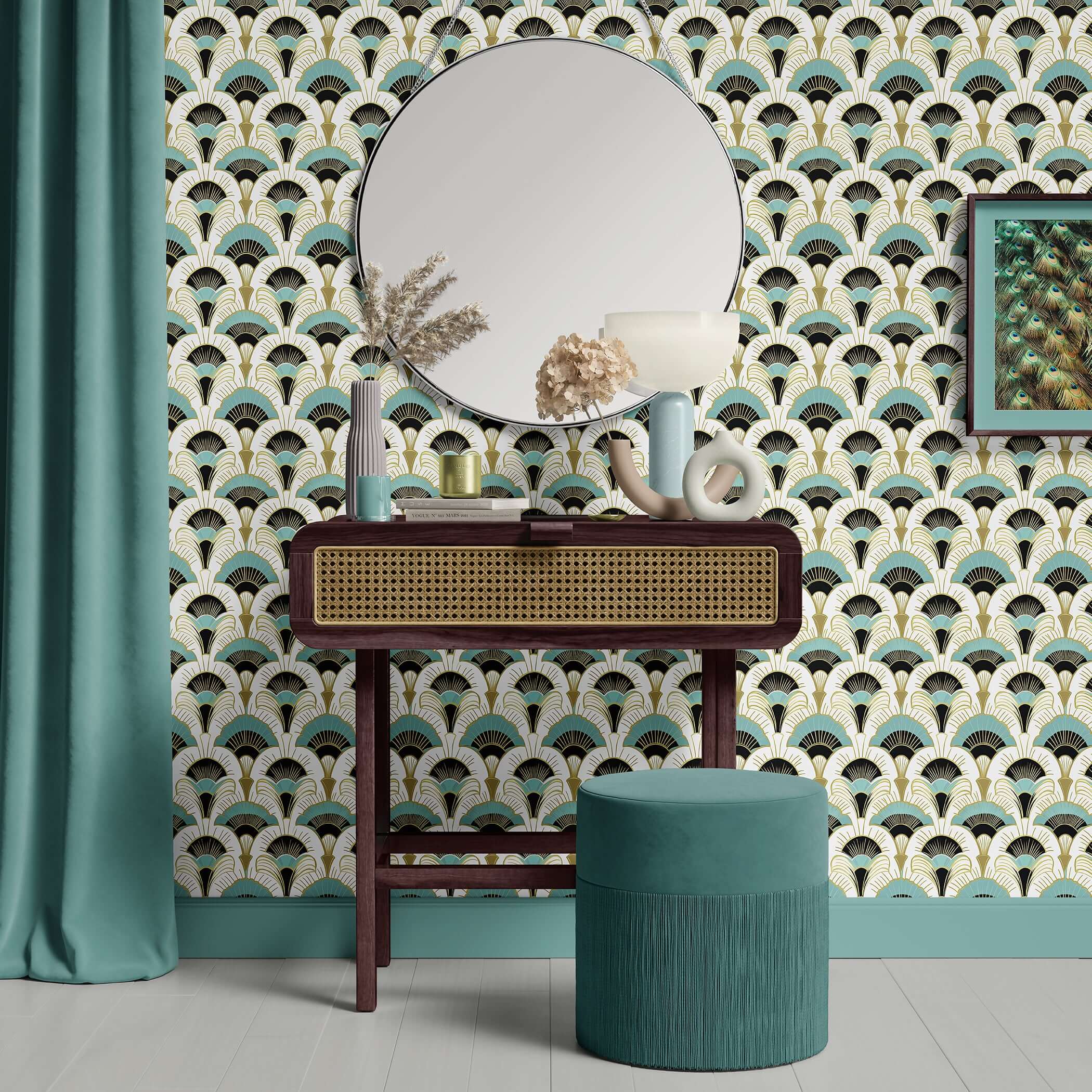 Room with Luxe Deco Fans wallpaper featuring art deco design, teal, black, gold fan motifs. Perfect for an elegant, vintage accent wall.