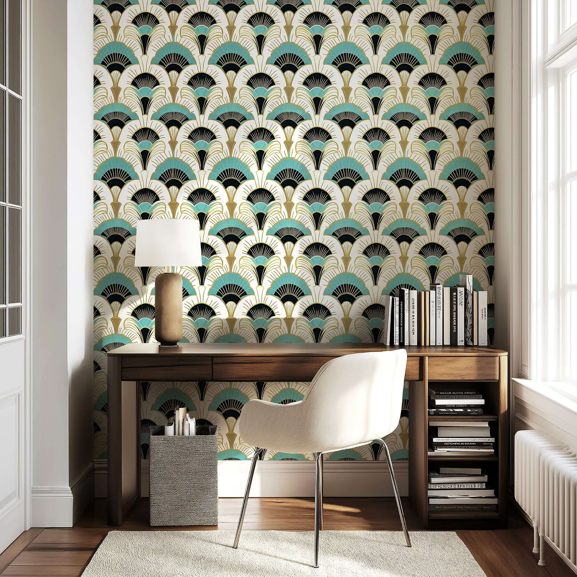 Elegant Art Deco wallpaper with teal, black, and gold fan motifs, enhancing a modern study room with vintage sophistication.