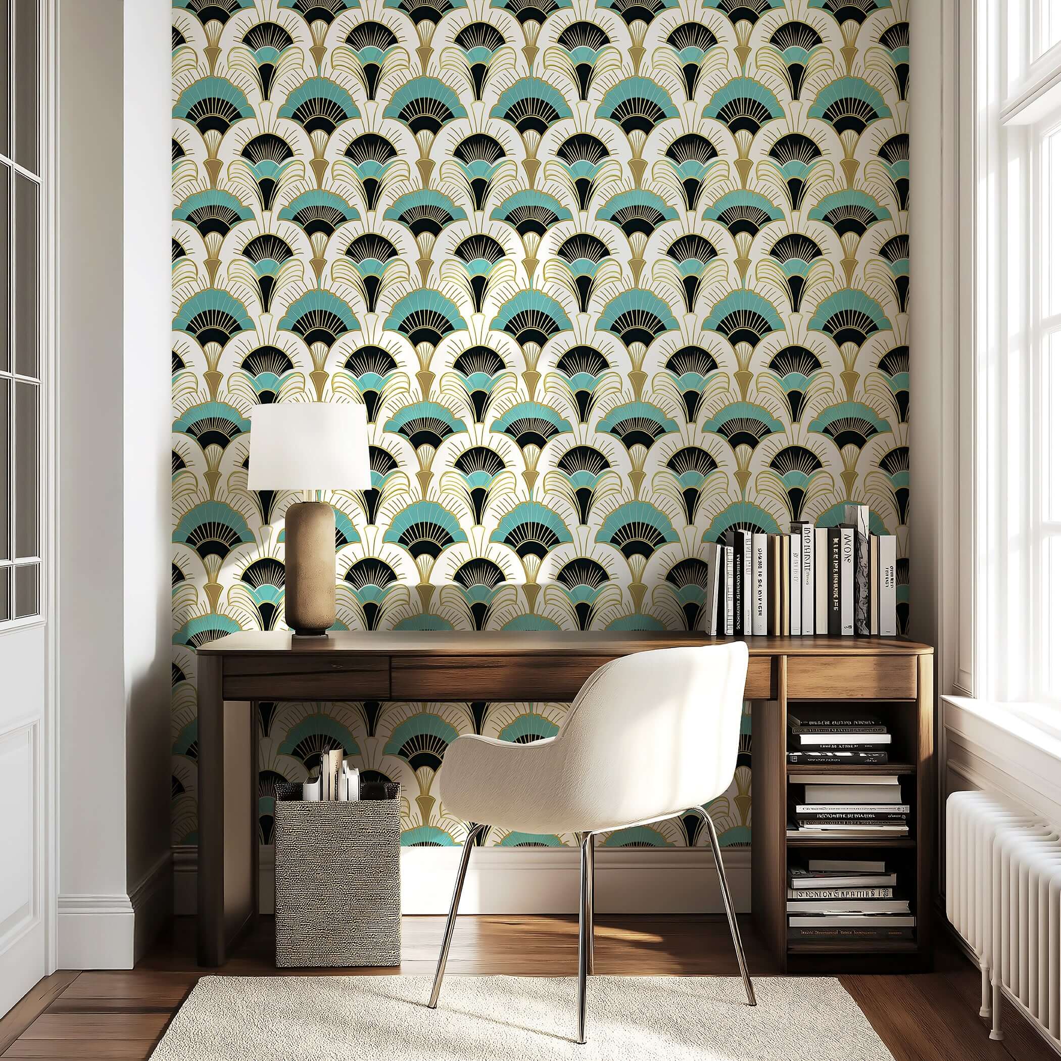 Elegant Art Deco wallpaper with teal, black, and gold fan motifs, enhancing a modern study room with vintage sophistication.