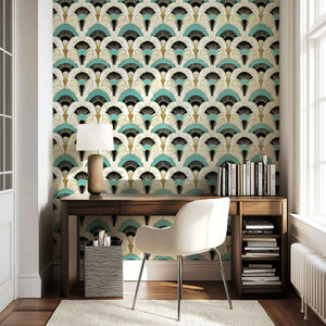 Elegant Art Deco wallpaper with teal, black, and gold fan motifs, enhancing a modern study room with vintage sophistication.