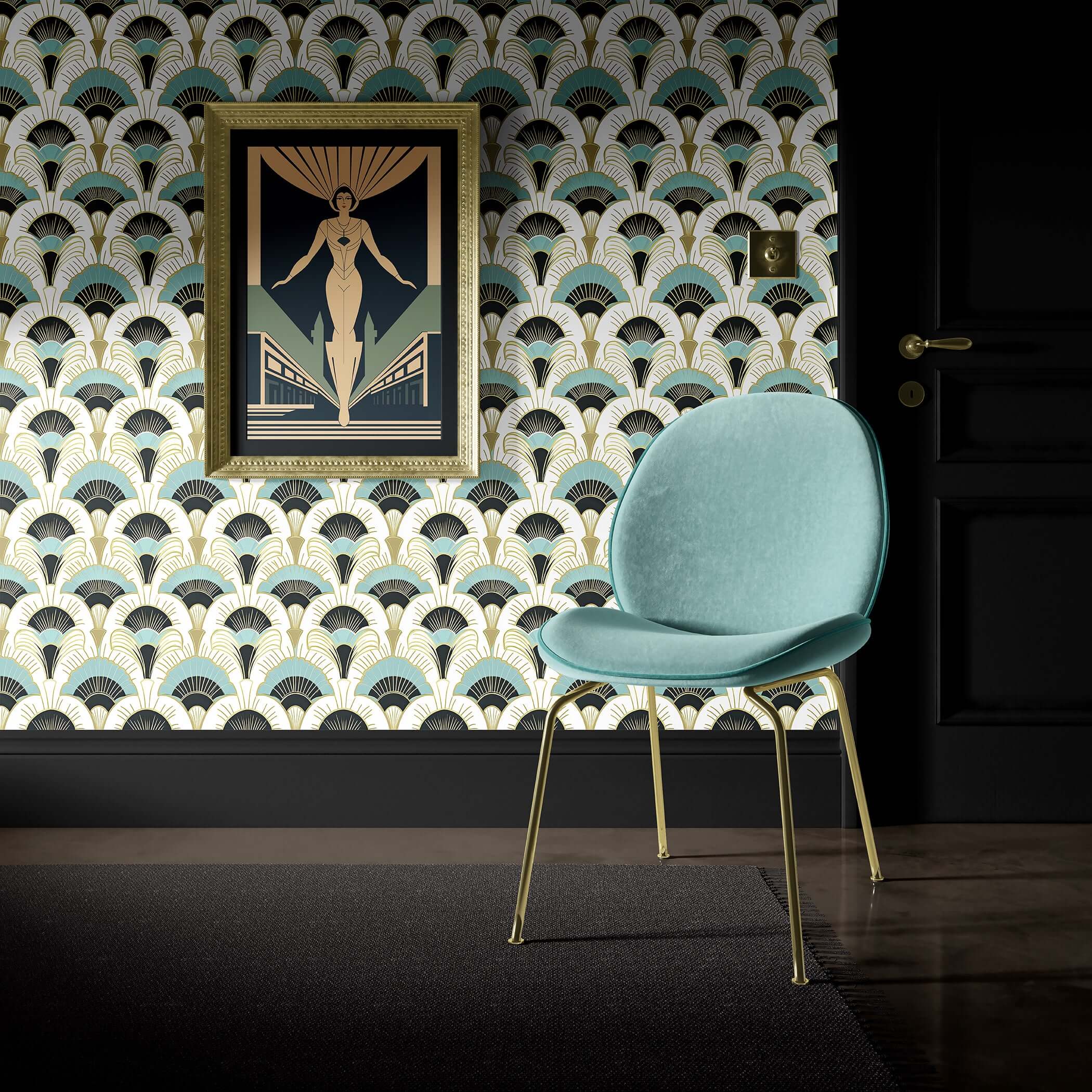 Art Deco wallpaper in teal, black, and gold with a vintage chair and painting, showcasing Luxe Deco Fans design by Wall Artifacts.