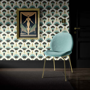 Art Deco wallpaper in teal, black, and gold with a vintage chair and painting, showcasing Luxe Deco Fans design by Wall Artifacts.