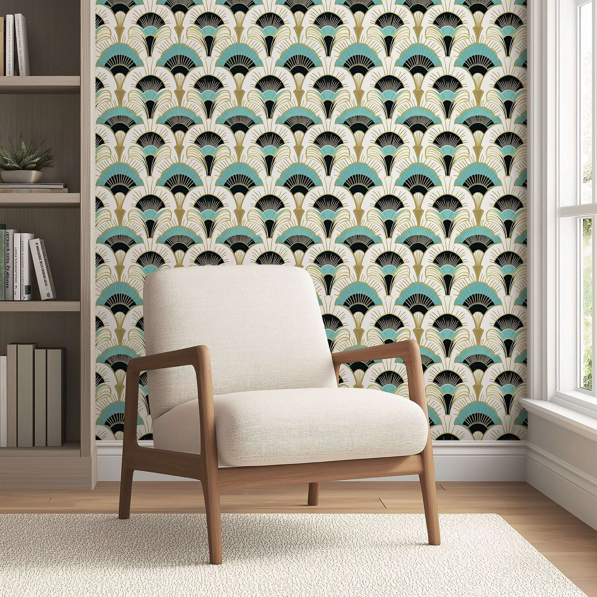 Art Deco wallpaper with elegant teal, black, and gold fan motifs, adding sophistication and vintage charm to a modern room.