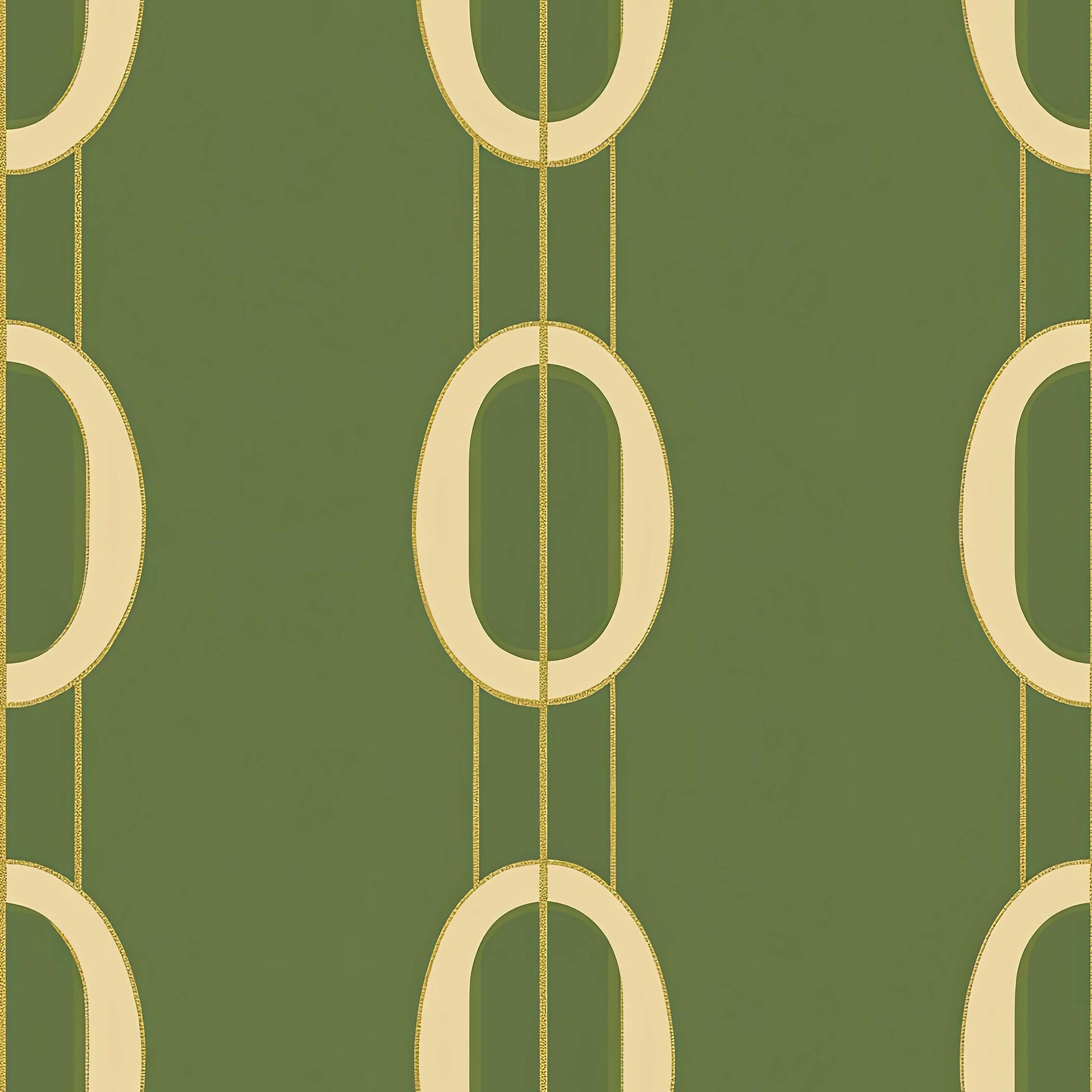 Golden Ovals mid-century modern wallpaper with gold interlocking ovals on an olive-green background, adding elegance to any space.