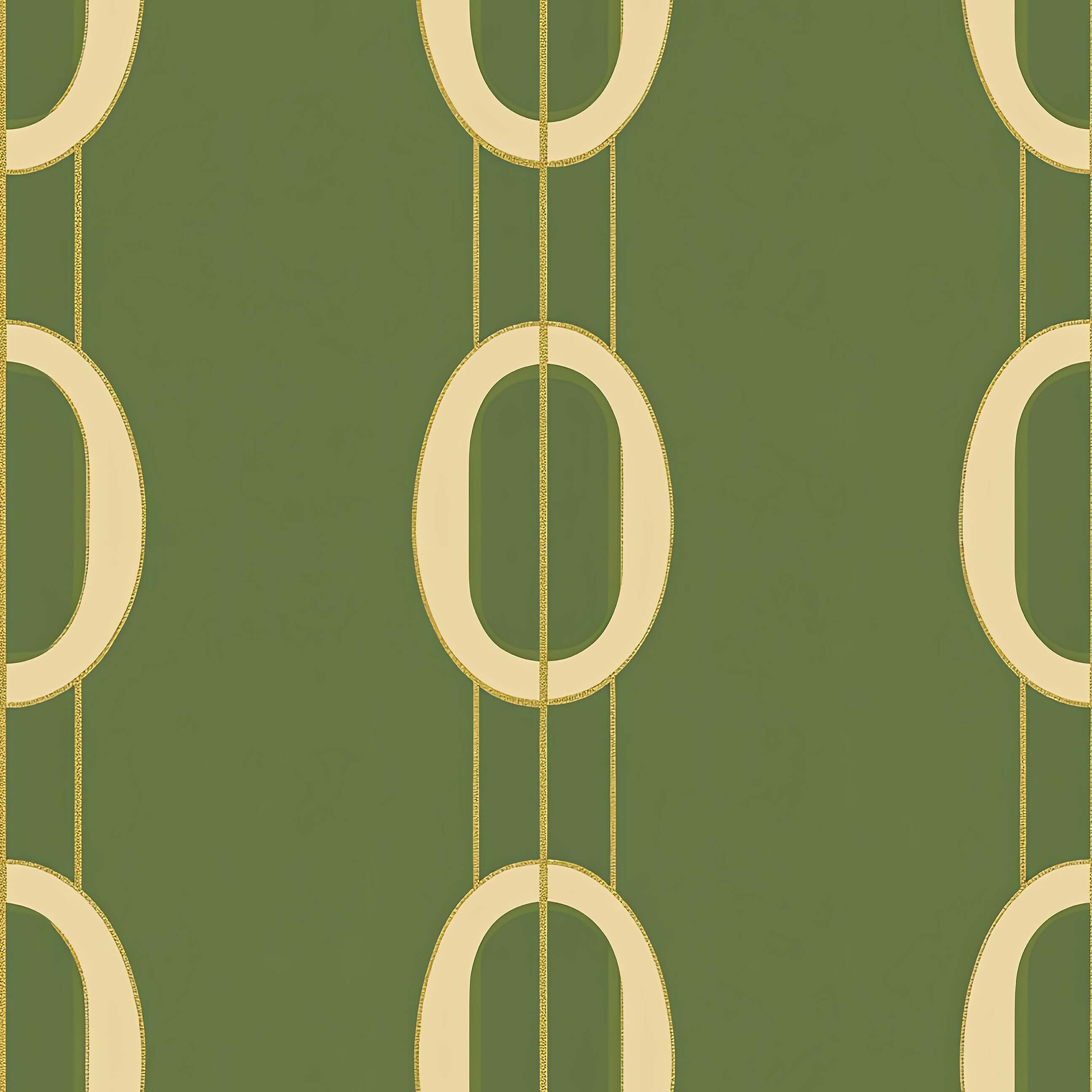 Golden Ovals mid-century modern wallpaper with gold interlocking ovals on an olive-green background, adding elegance to any space.