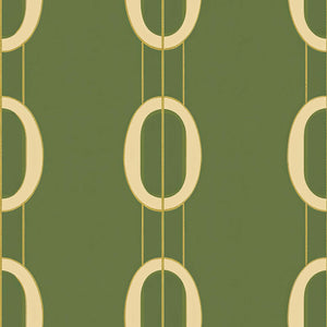 Golden Ovals mid-century modern wallpaper with gold interlocking ovals on an olive-green background, adding elegance to any space.