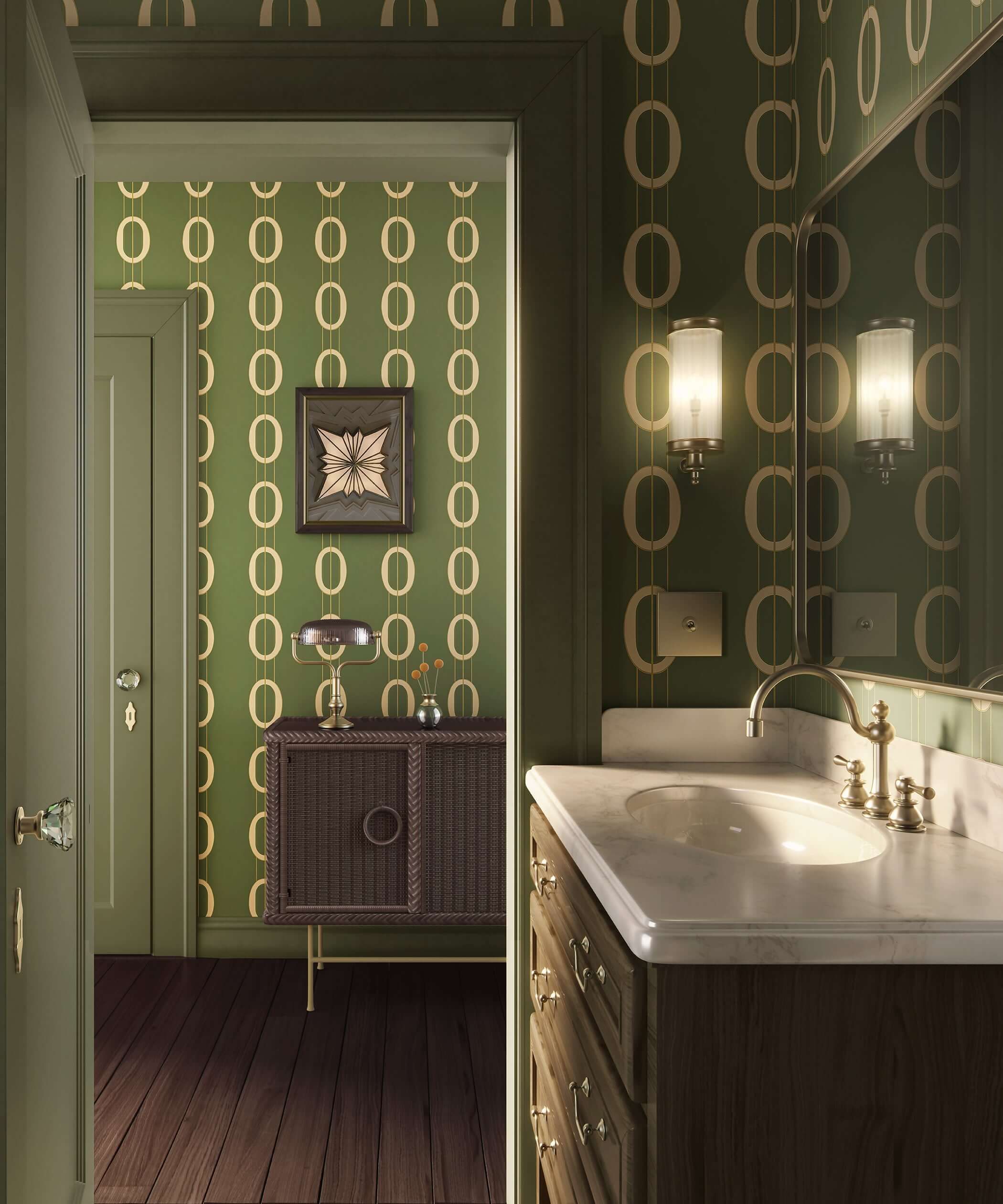 Mid-century modern bathroom with "Golden Ovals" wallpaper featuring gold ovals on olive-green background and retro fixtures.