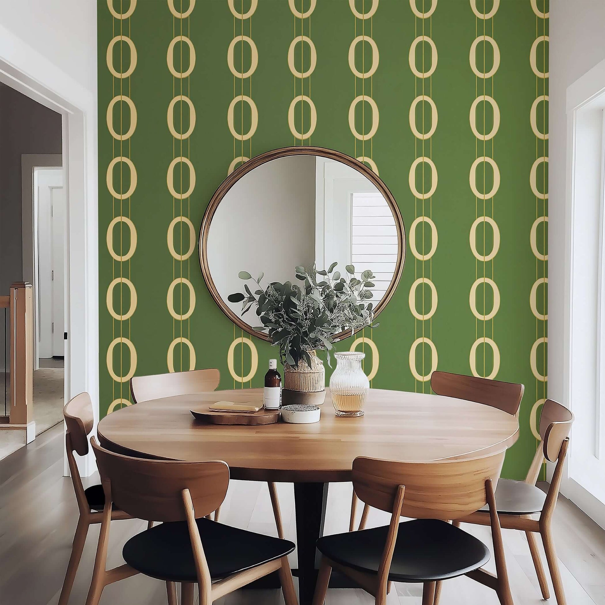 Dining room with Golden Ovals mid-century modern wallpaper in olive green and gold oval pattern.