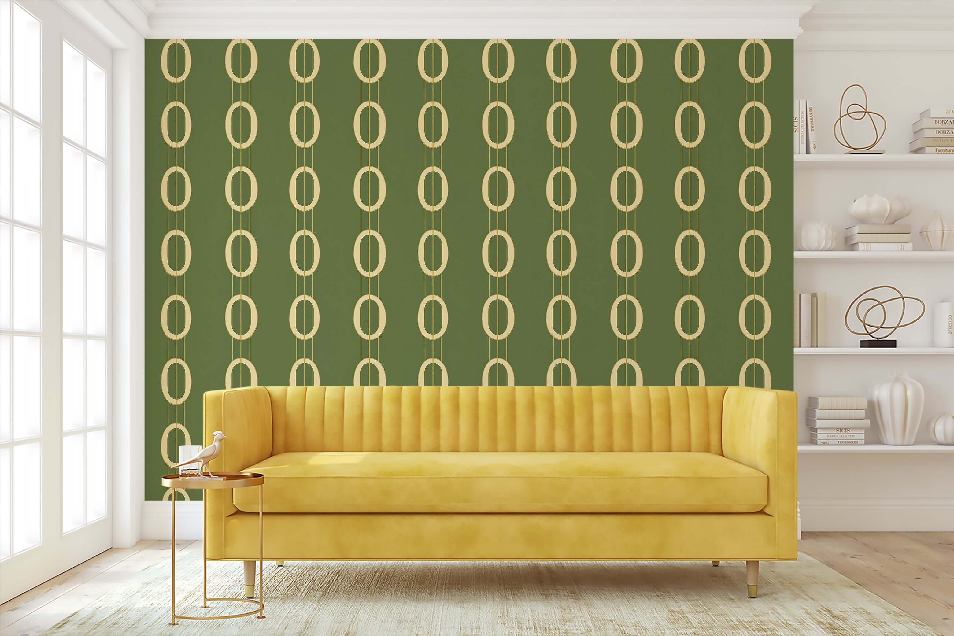 Mid-century modern wallpaper with gold ovals on olive green, enhancing a room with retro-modern elegance and bold design.