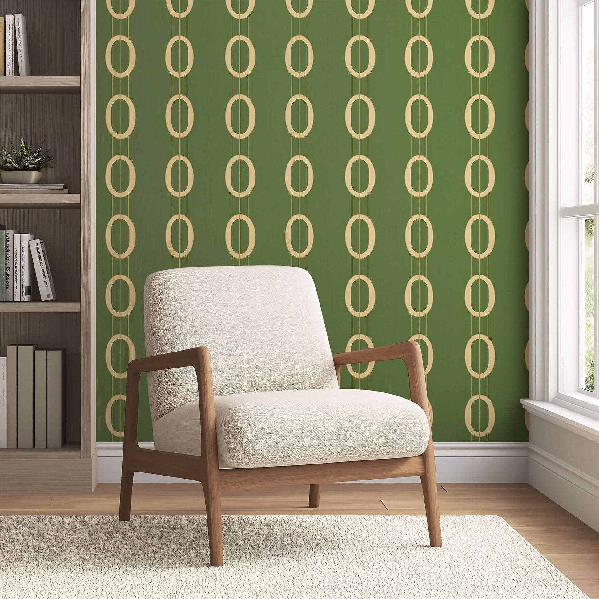 Mid-century modern wallpaper with golden ovals on olive-green background behind a beige armchair.