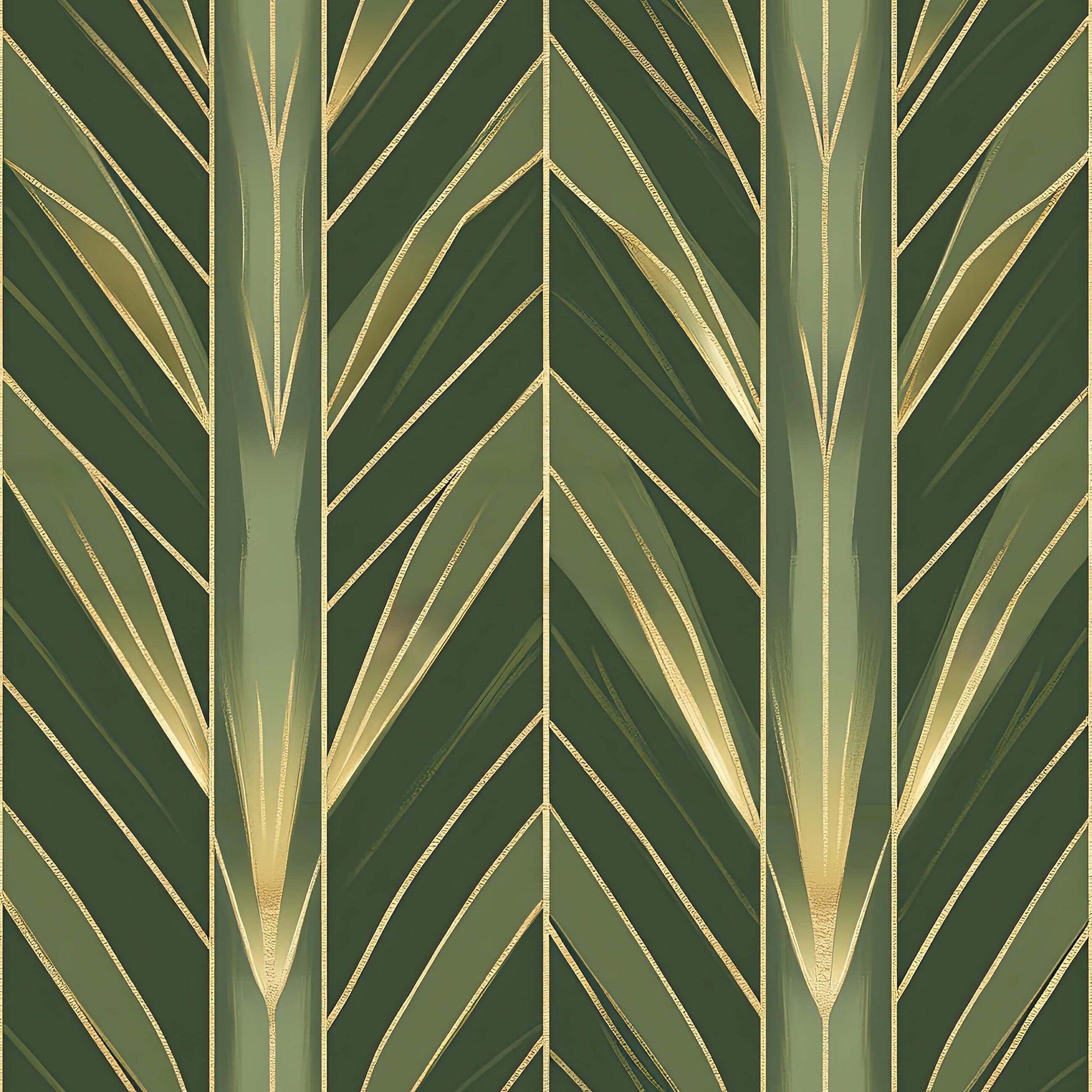 Art Deco wallpaper featuring lush green botanical motifs with gold details in a geometric pattern, "Golden Age Greenery."