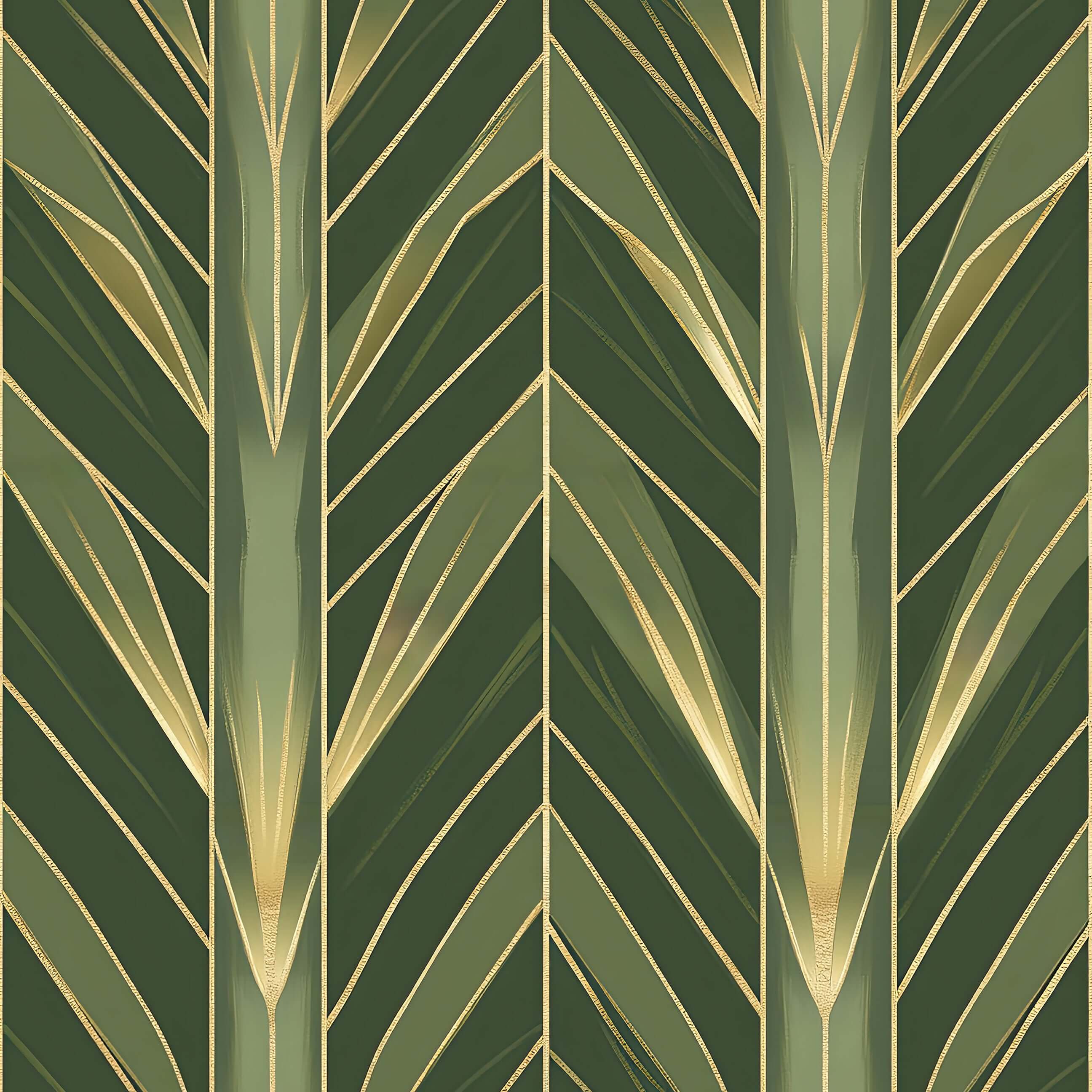 Art Deco wallpaper featuring lush green botanical motifs with gold details in a geometric pattern, "Golden Age Greenery."