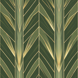 Art Deco wallpaper featuring lush green botanical motifs with gold details in a geometric pattern, "Golden Age Greenery."