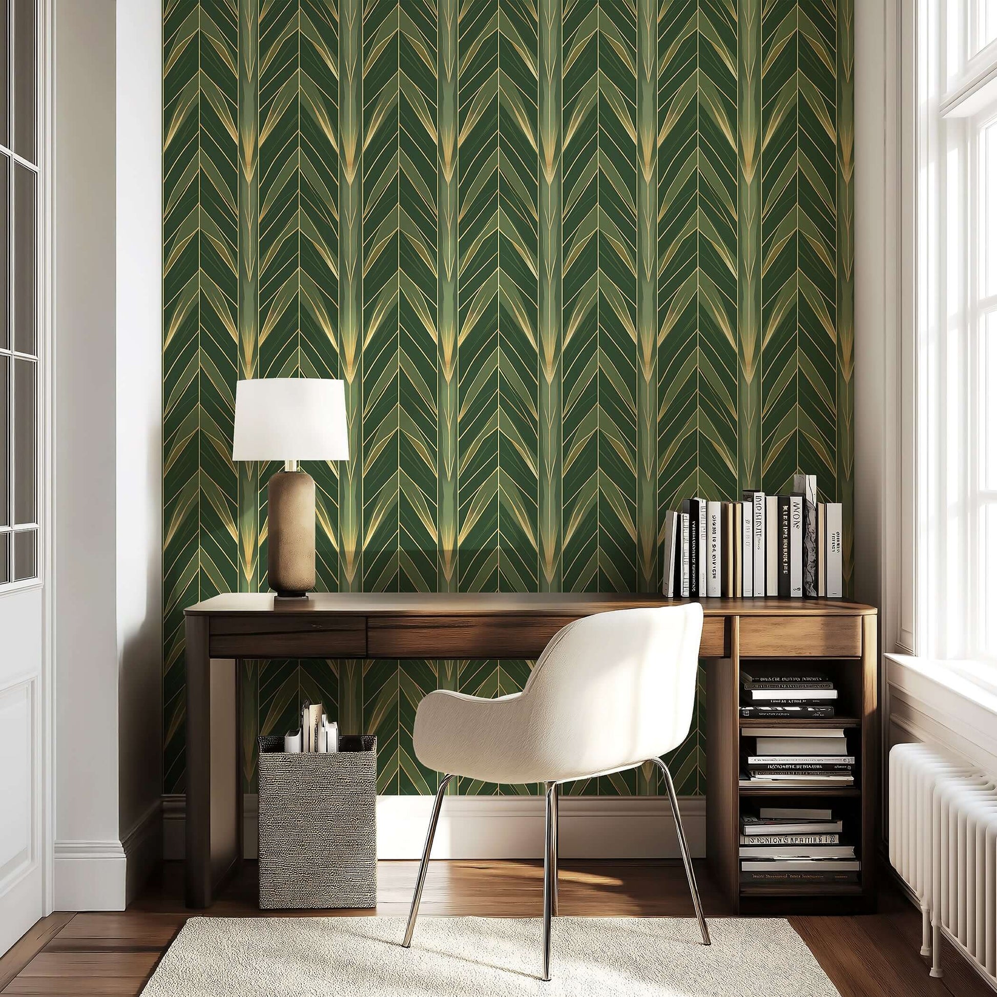 Golden Age Greenery Wallpaper with Art Deco botanical design, featuring green motifs and gold details in a home office setting.