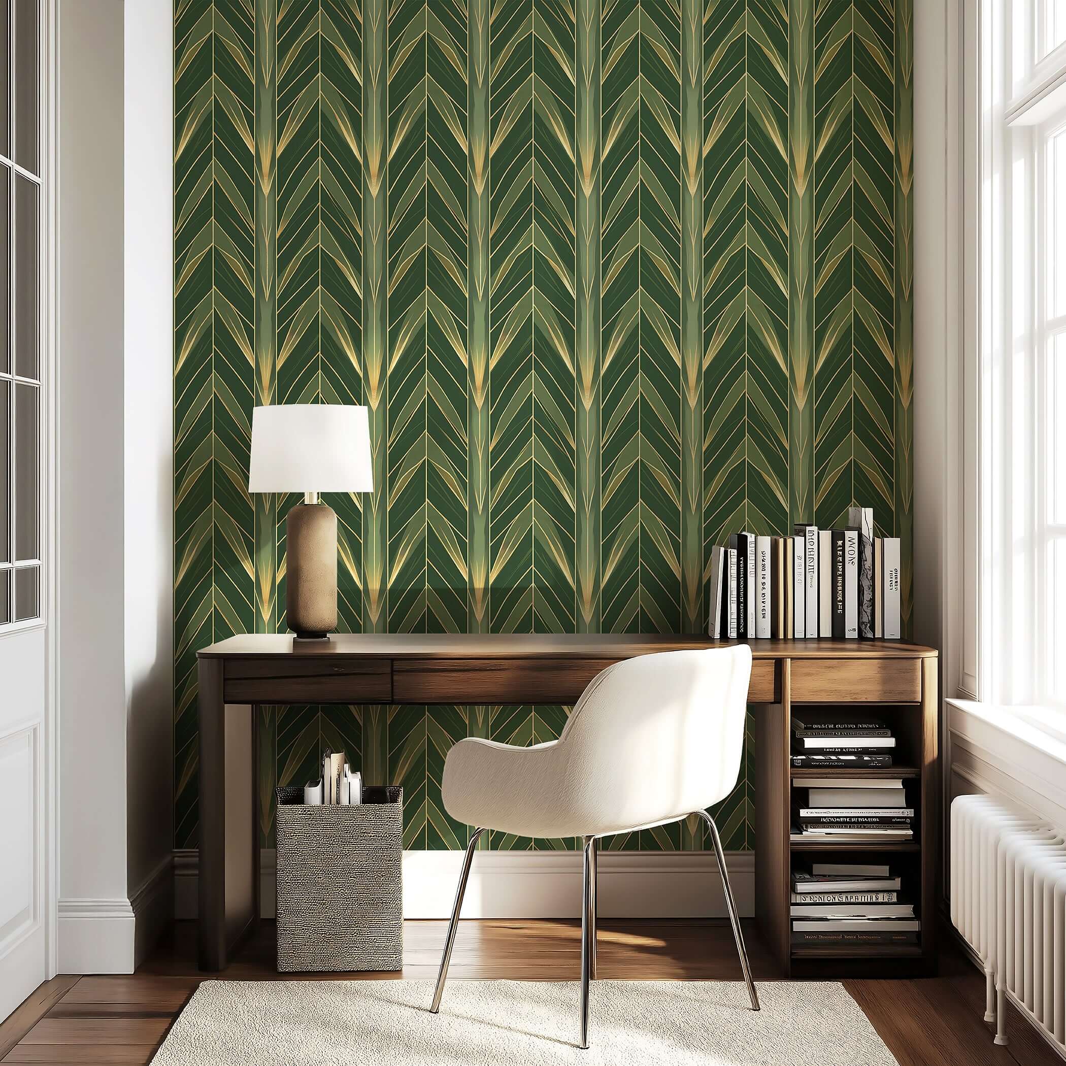 Golden Age Greenery Wallpaper with Art Deco botanical design, featuring green motifs and gold details in a home office setting.