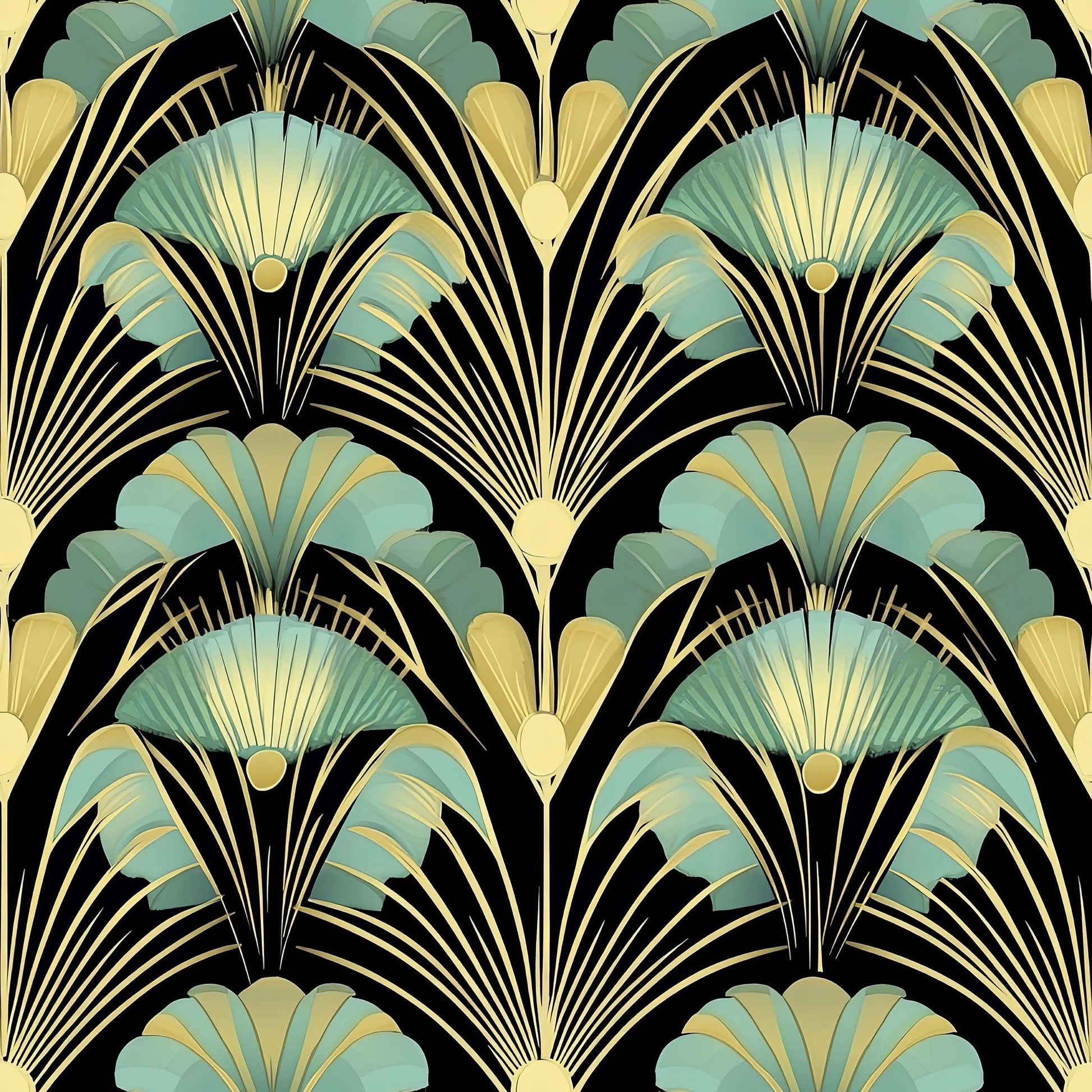 Art Deco wallpaper with jade and gold fan motifs on black, "Golden Age Grandeur" wall decor.