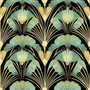 Art Deco wallpaper with jade and gold fan motifs on black, "Golden Age Grandeur" wall decor.