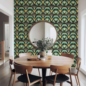 Art Deco wallpaper with jade fan motifs in gold and black, decorating a modern dining room for vintage elegance and contemporary style.