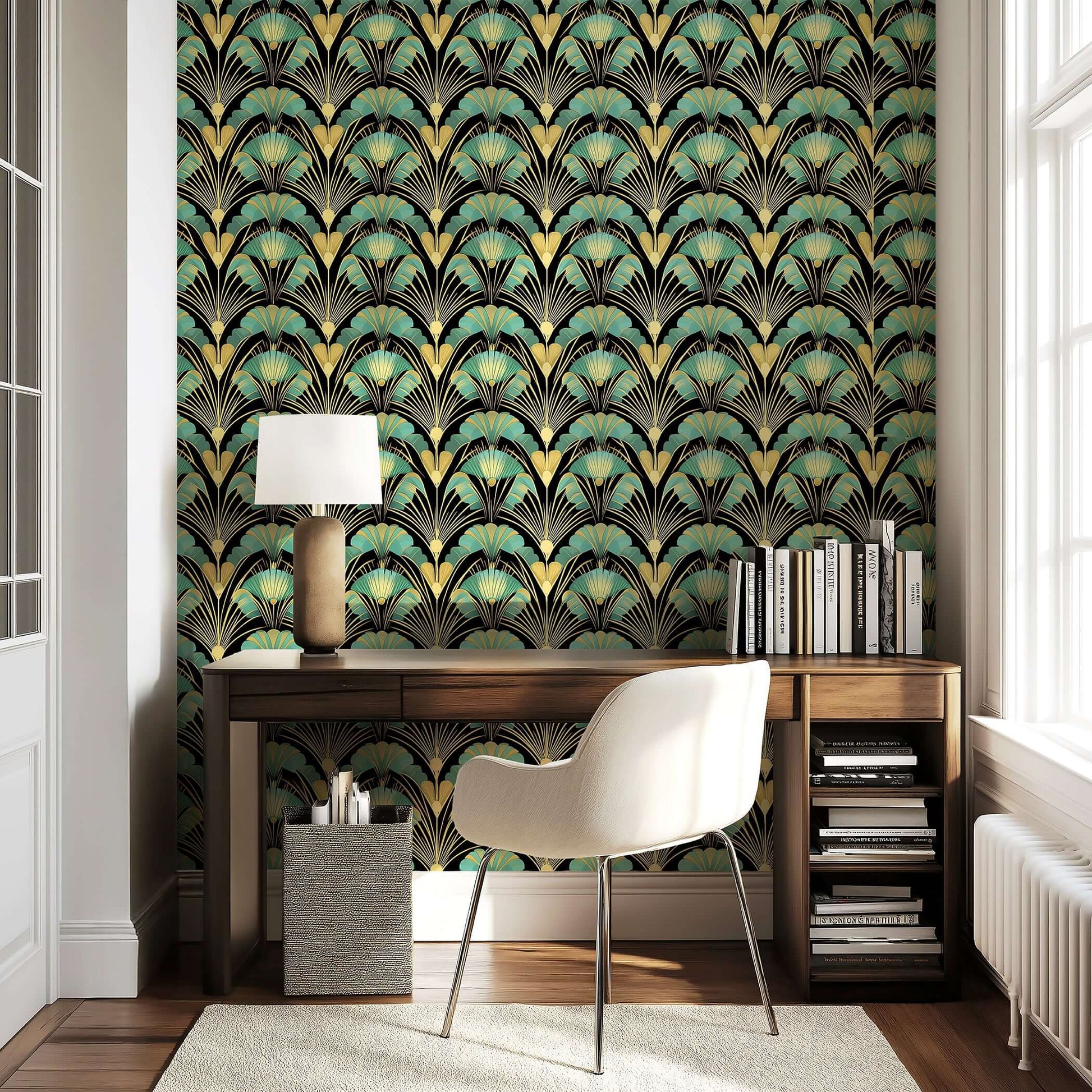 Art Deco wallpaper with jade and gold fan motifs on a black backdrop in a stylish room with a desk and chair.