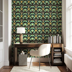 Art Deco wallpaper with jade and gold fan motifs on a black backdrop in a stylish room with a desk and chair.