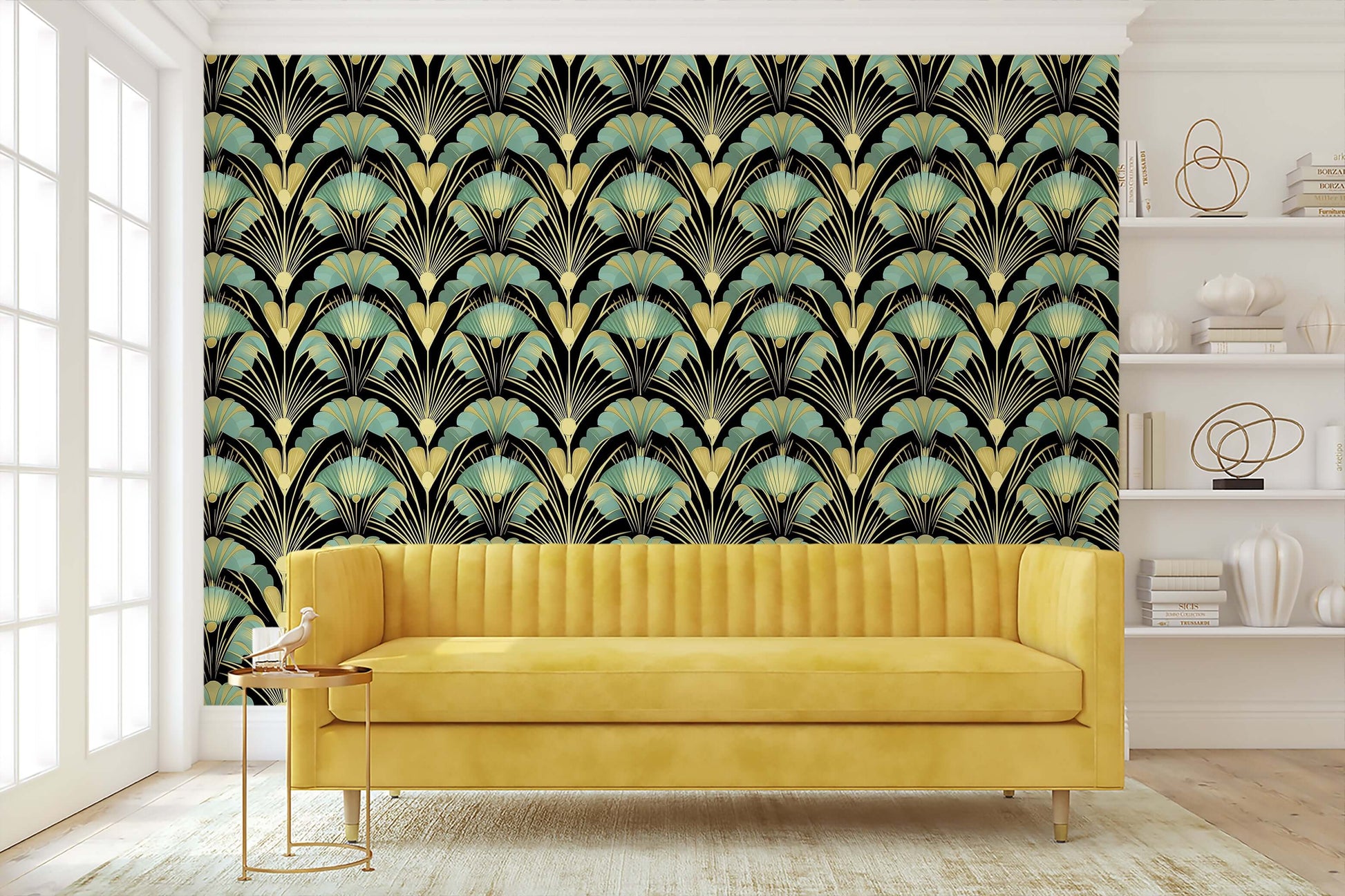 Art Deco wallpaper "Golden Age Grandeur" with jade and gold fan motifs on black, adding luxury to living room decor.