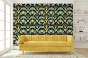 Art Deco wallpaper "Golden Age Grandeur" with jade and gold fan motifs on black, adding luxury to living room decor.
