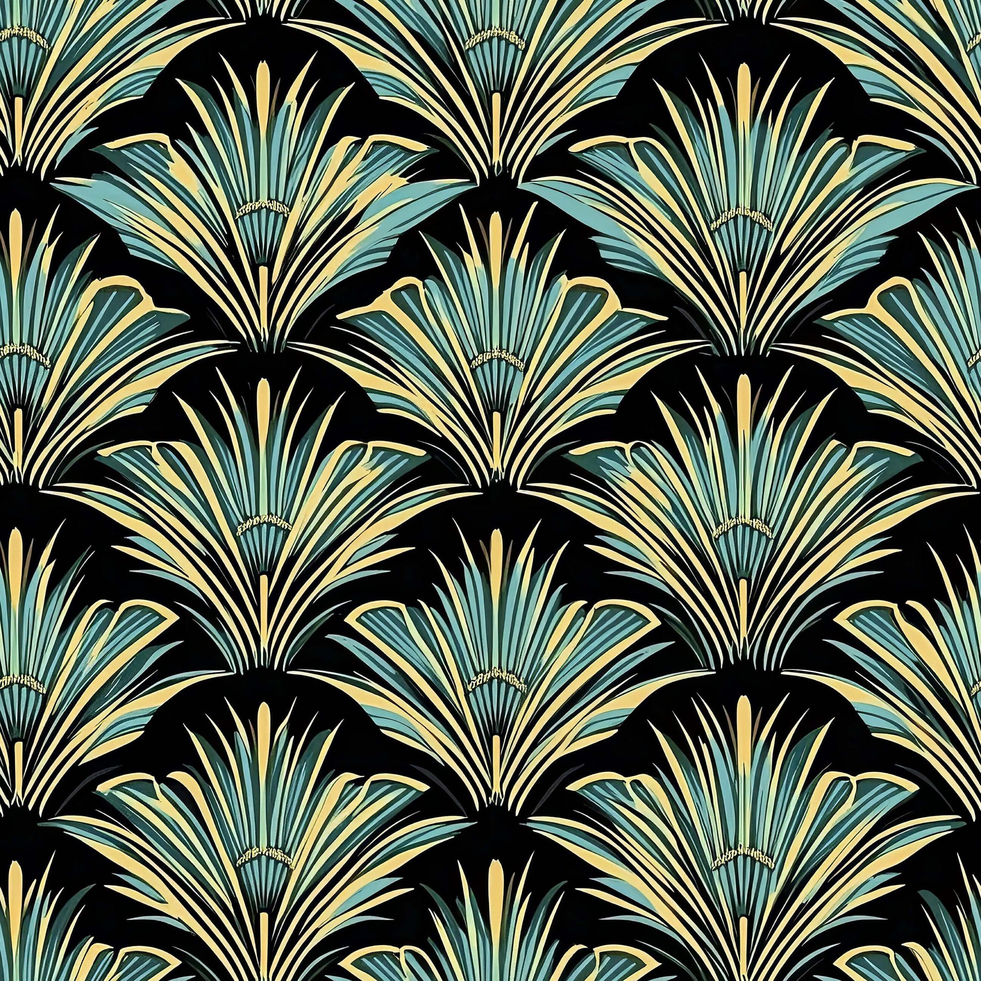 Art Deco wallpaper with teal, gold, and black fan bursts design, embodying Jazz Age elegance and sophistication.