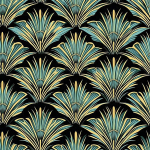 Art Deco wallpaper with teal, gold, and black fan bursts design, embodying Jazz Age elegance and sophistication.