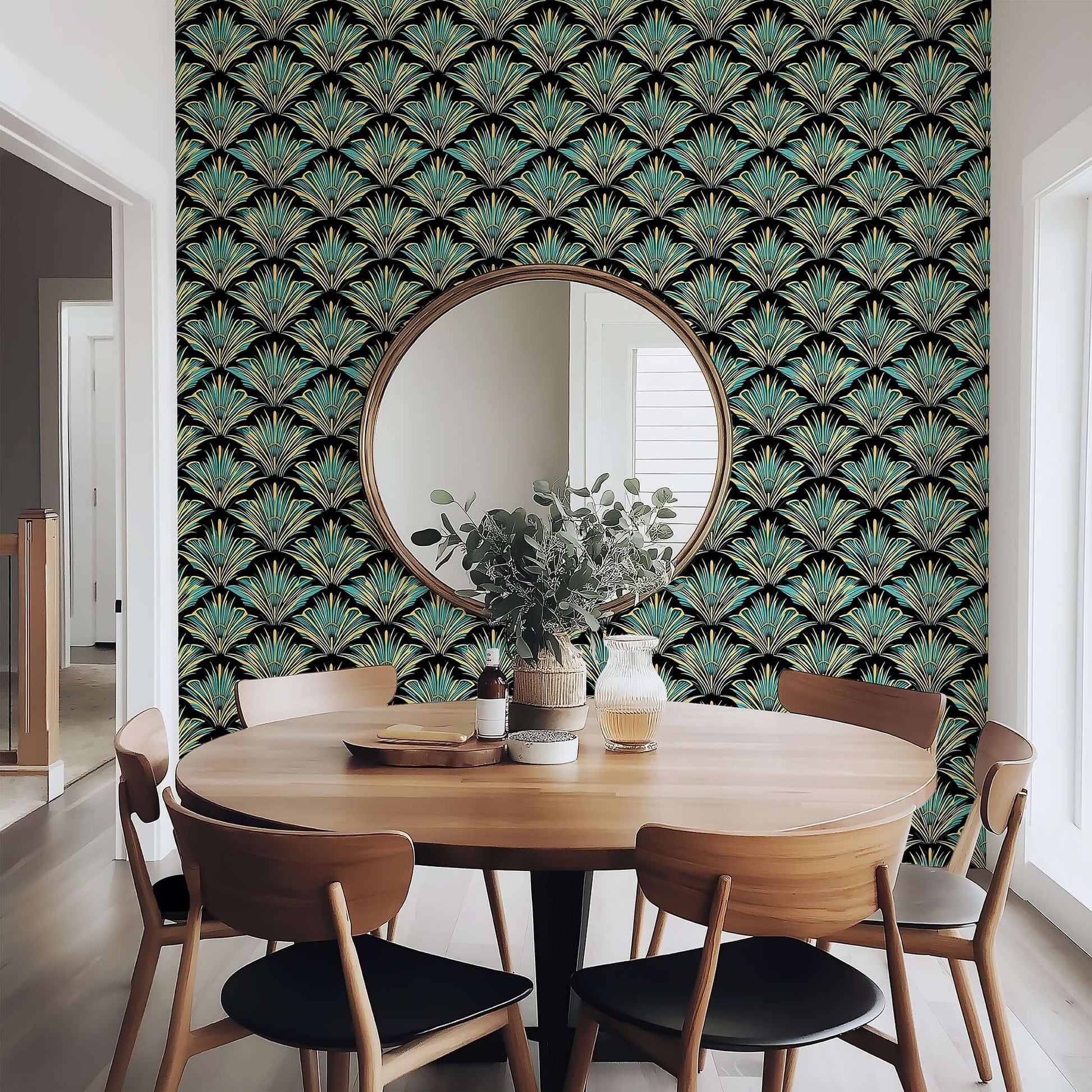 Art Deco wallpaper with teal and gold fan pattern enhancing a modern dining room's elegance and sophistication.