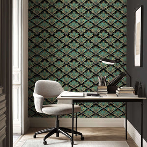 Art Deco styled room with Roaring Revival wallpaper in teal, gold, and black featuring a classic pattern, enhancing elegance.