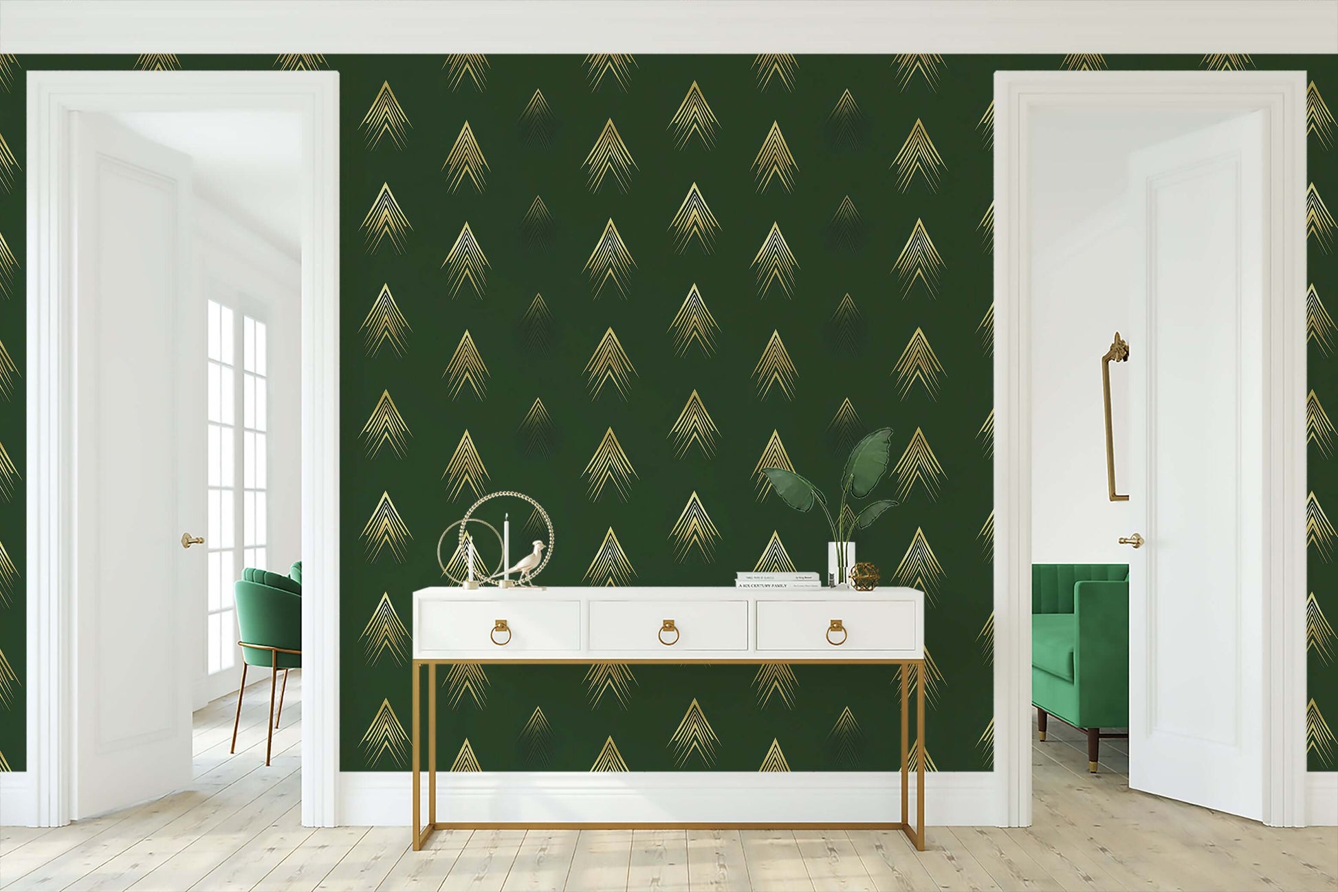 Deco Forest Luxe wallpaper with gold geometric Art Deco patterns on deep forest green walls, creating an elegant and modern accent space.