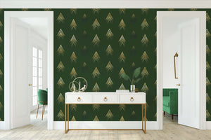 Deco Forest Luxe wallpaper with gold geometric Art Deco patterns on deep forest green walls, creating an elegant and modern accent space.