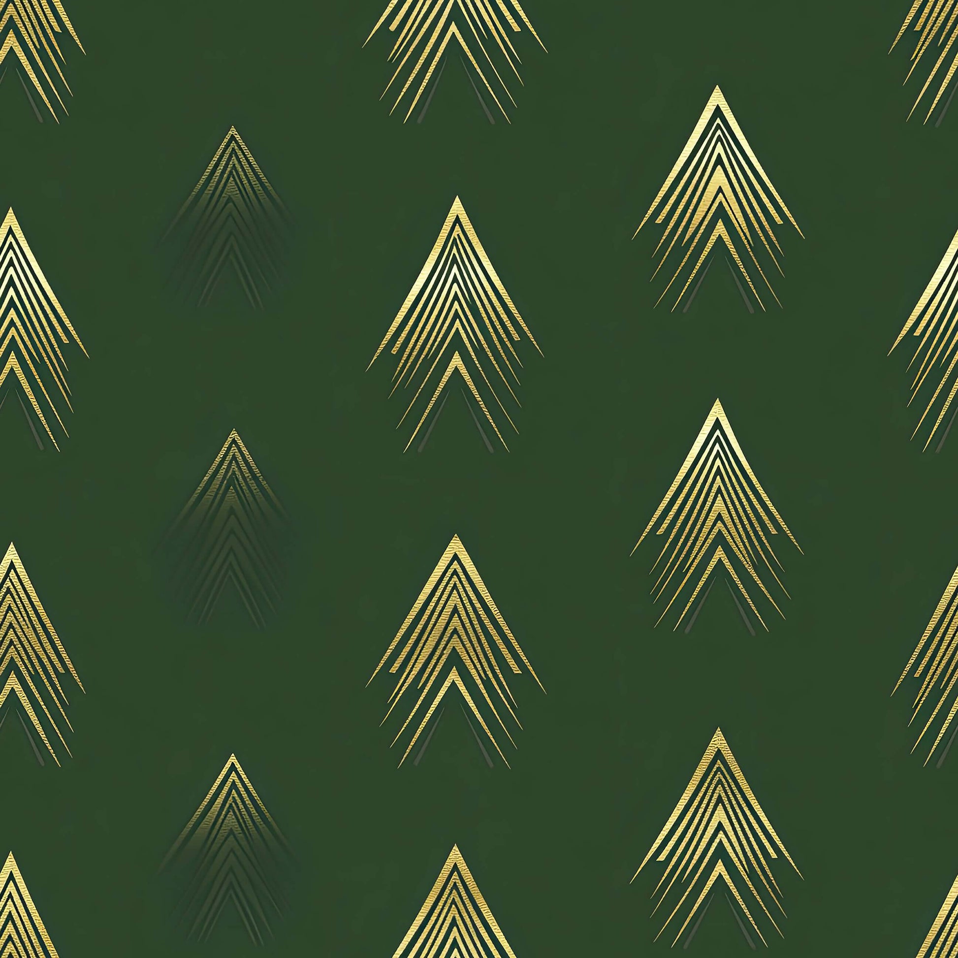 Art Deco wallpaper with gold arrow patterns on deep forest green background, featuring metallic highlights for a modern statement.