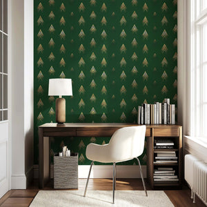 Art Deco wallpaper in deep forest green with golden arrows, featuring a modern elegant design, ideal for accent walls and refined spaces.