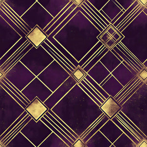Art Deco diamond noir wallpaper with plum and gold geometric patterns.