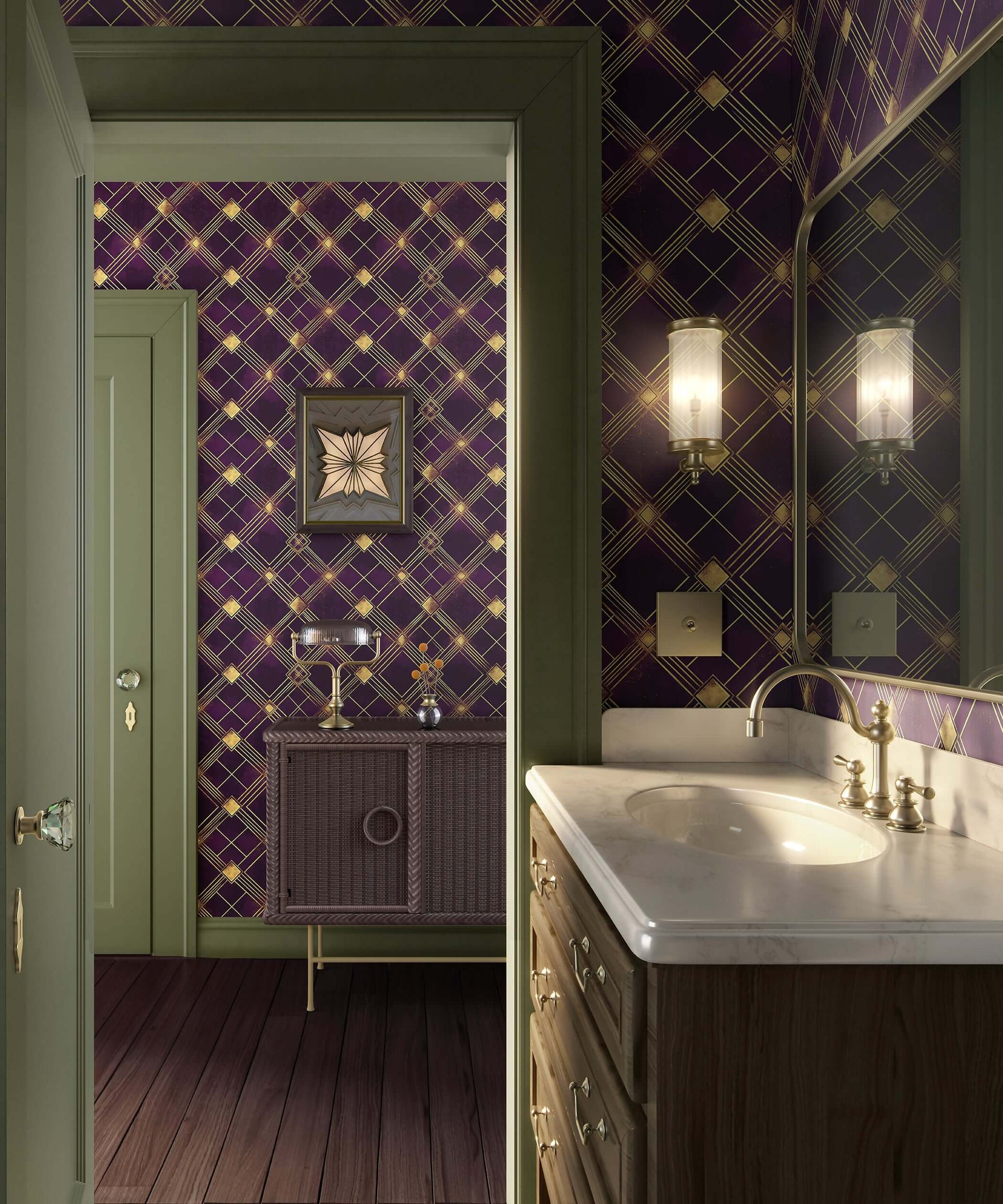 Bathroom with Deco Diamond Noir wallpaper featuring plum and gold art deco geometric patterns creating a sophisticated ambiance.