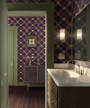 Bathroom with Deco Diamond Noir wallpaper featuring plum and gold art deco geometric patterns creating a sophisticated ambiance.