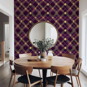 Dining room with Deco Diamond Noir art deco wallpaper featuring plum and gold geometric patterns, enhancing vintage charm.