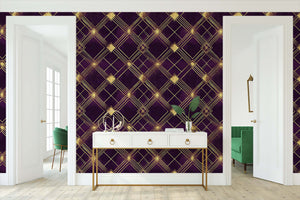 Art Deco wallpaper with plum and gold diamond patterns creating vintage charm and luxe style for interiors like living rooms.