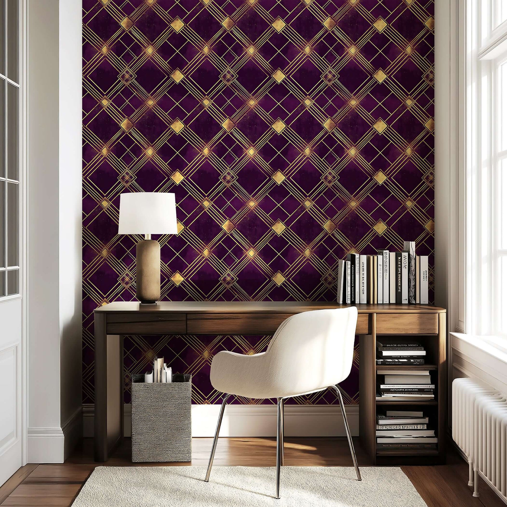 Art Deco wallpaper with plum and gold diamond patterns, creating a vintage glamour in a chic home office setting.