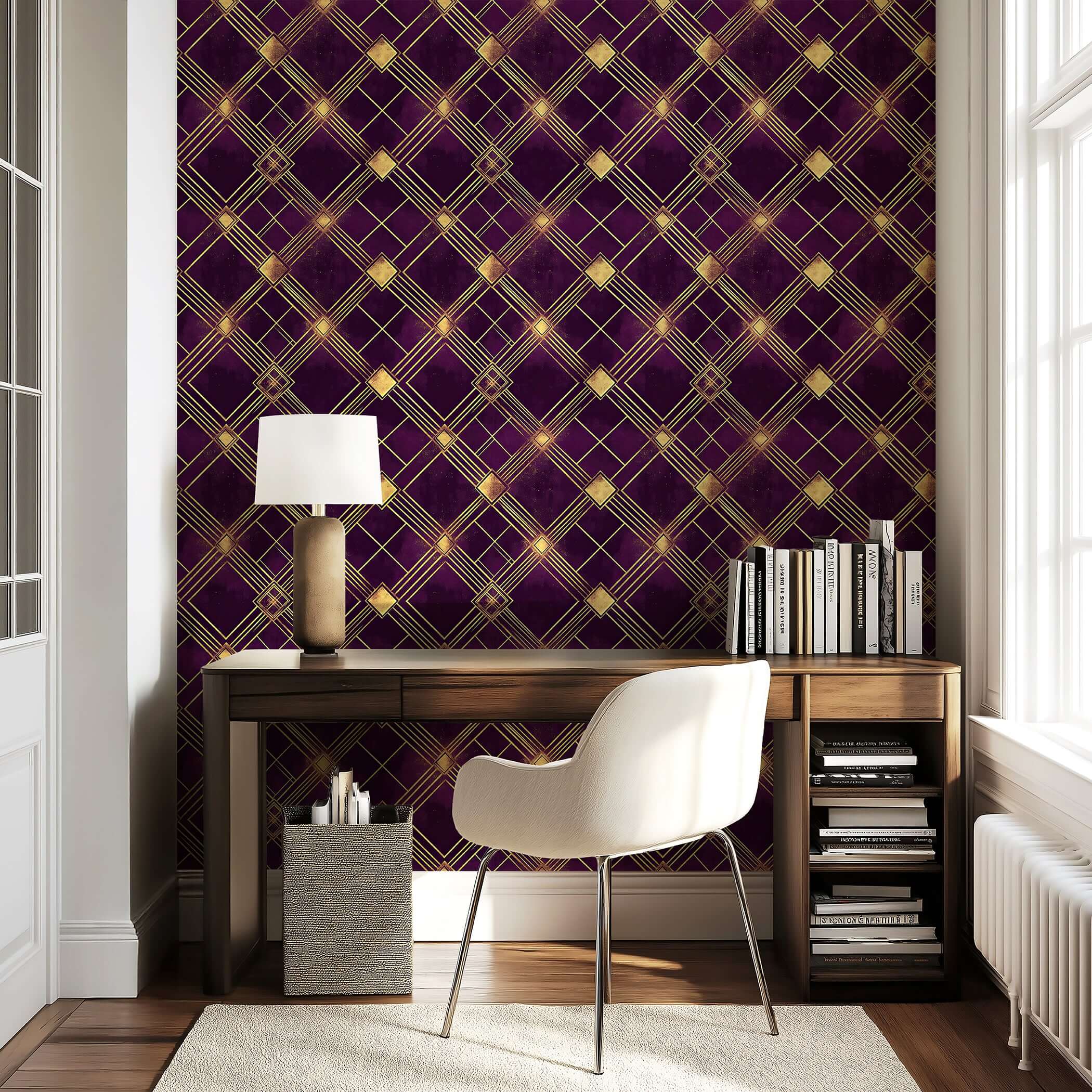 Art Deco wallpaper with plum and gold diamond patterns, creating a vintage glamour in a chic home office setting.