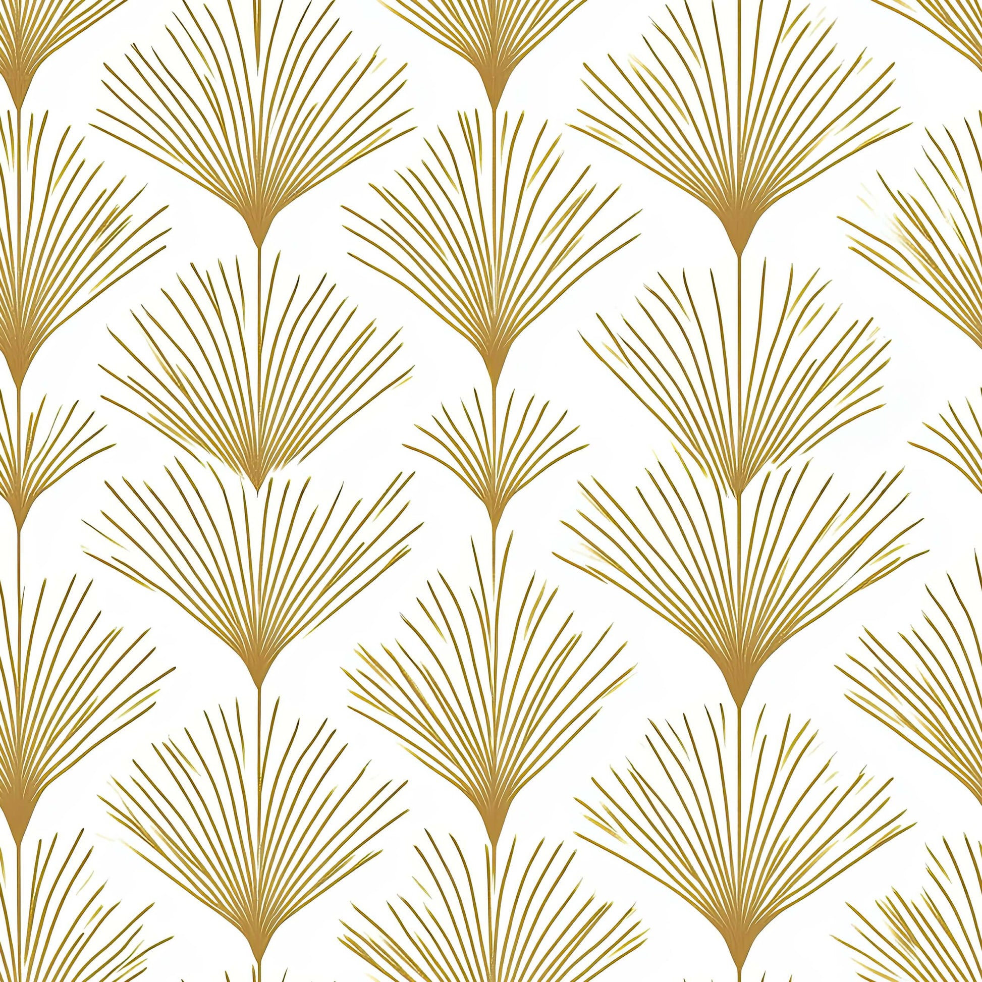 Golden Deco Fan wallpaper with stylized gold fan patterns on white background, offering art deco sophistication and modern minimalism.