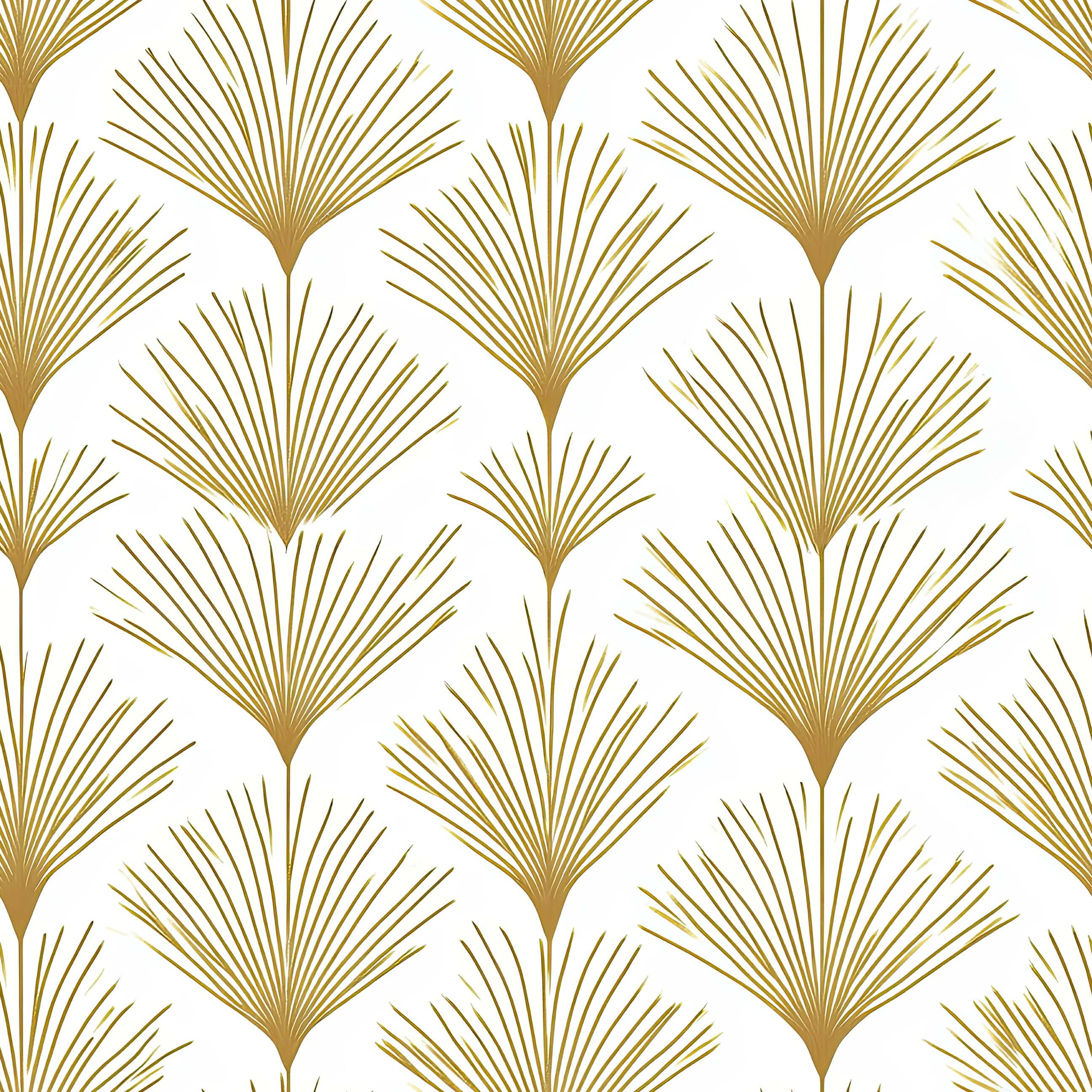 Golden Deco Fan wallpaper with stylized gold fan patterns on white background, offering art deco sophistication and modern minimalism.