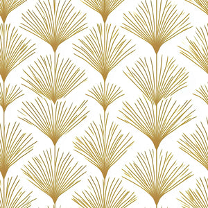 Golden Deco Fan wallpaper with stylized gold fan patterns on white background, offering art deco sophistication and modern minimalism.